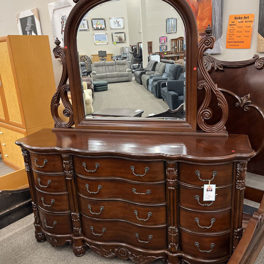 Dark Wood Carved Dresser w/ Mirror