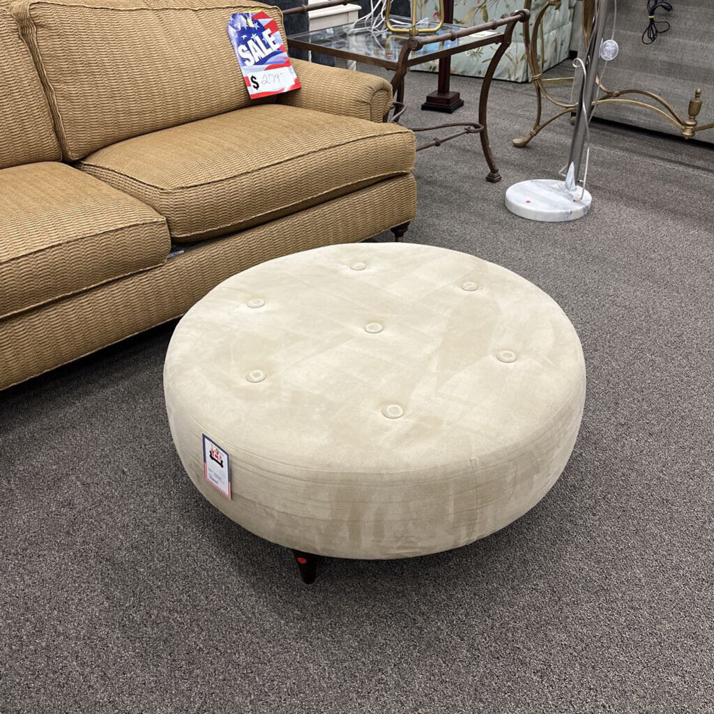 Round Beige Fabric Ottoman