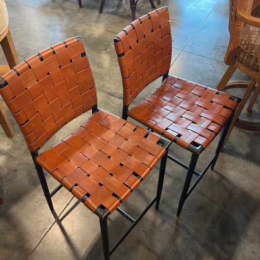 Pair Woven Leather Barstools
