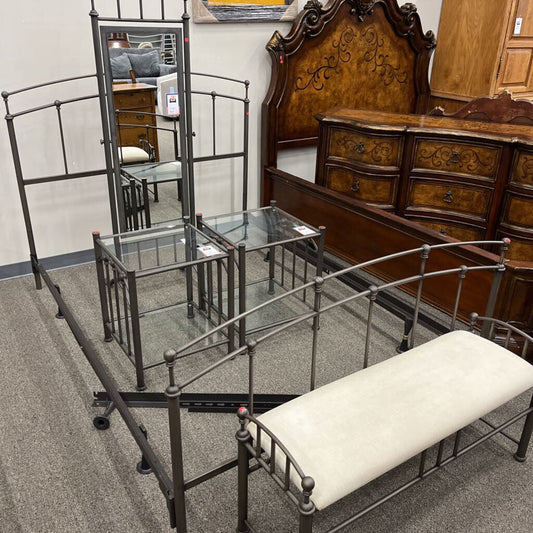 Gray Metal Queen Bed w/ Bench