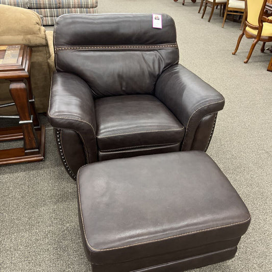 Brown Leather Chair w/ Ottoman