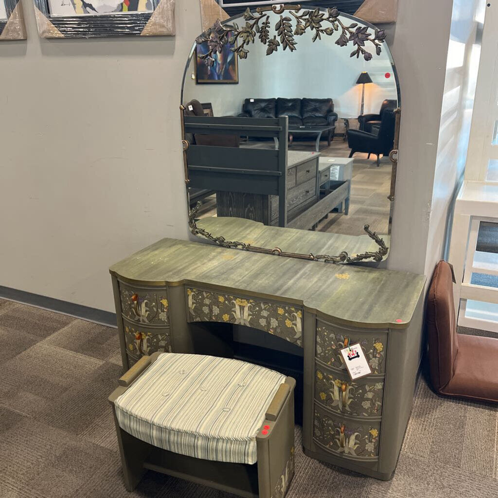 Green Floral Vanity w/ Stool