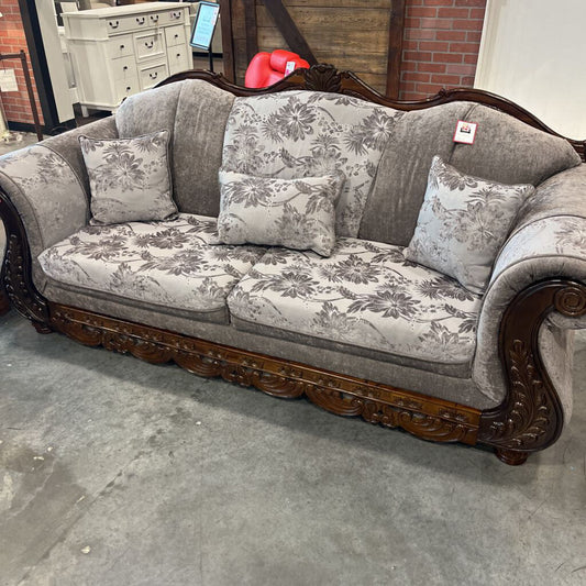 Gray Floral Wood Trim Sofa