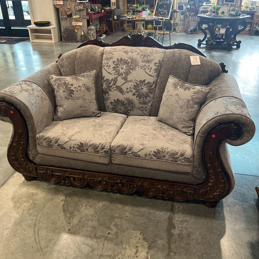 Gray Floral Wood Trim Loveseat