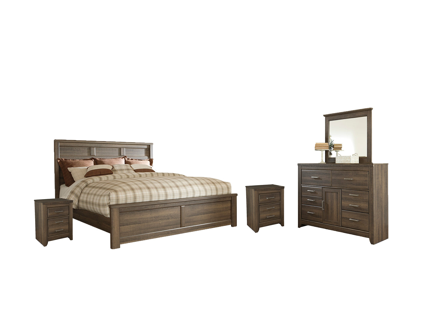 Juararo Queen Panel Bed with Mirrored Dresser and 2 Nightstands