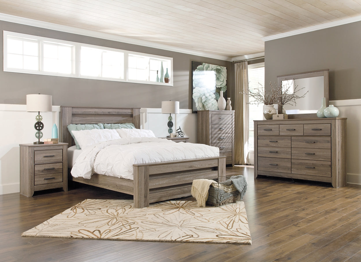 Zelen Queen Panel Bed with Mirrored Dresser, Chest and 2 Nightstands