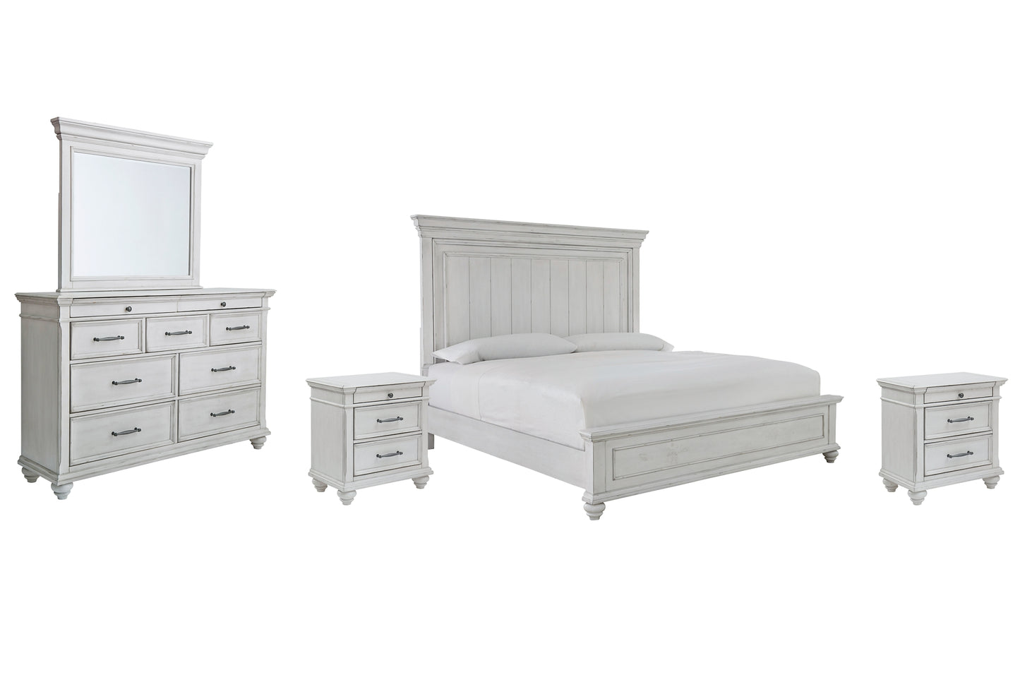 Kanwyn King Panel Bed with Mirrored Dresser and 2 Nightstands