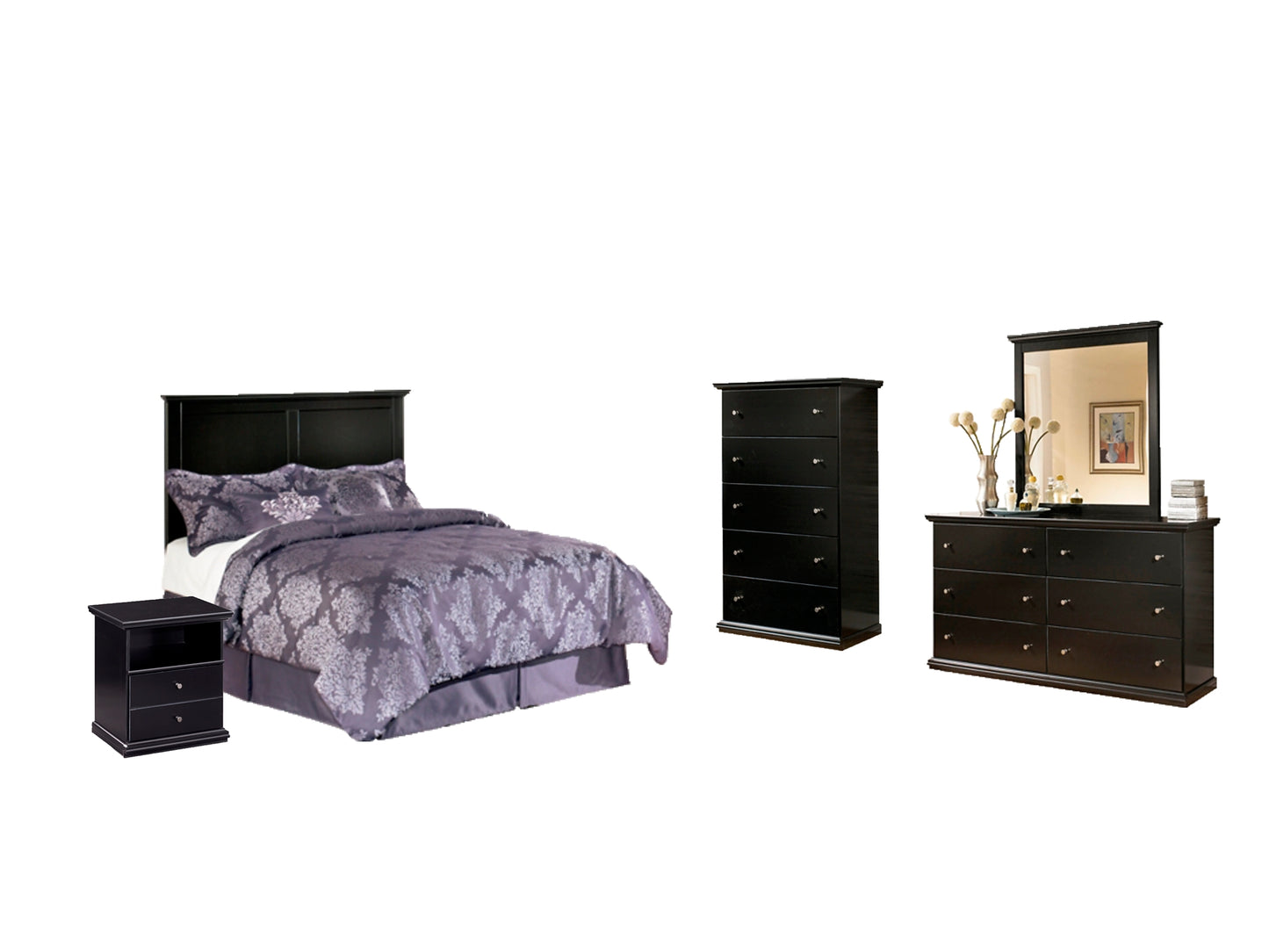 Maribel Full Panel Headboard with Mirrored Dresser, Chest and Nightstand