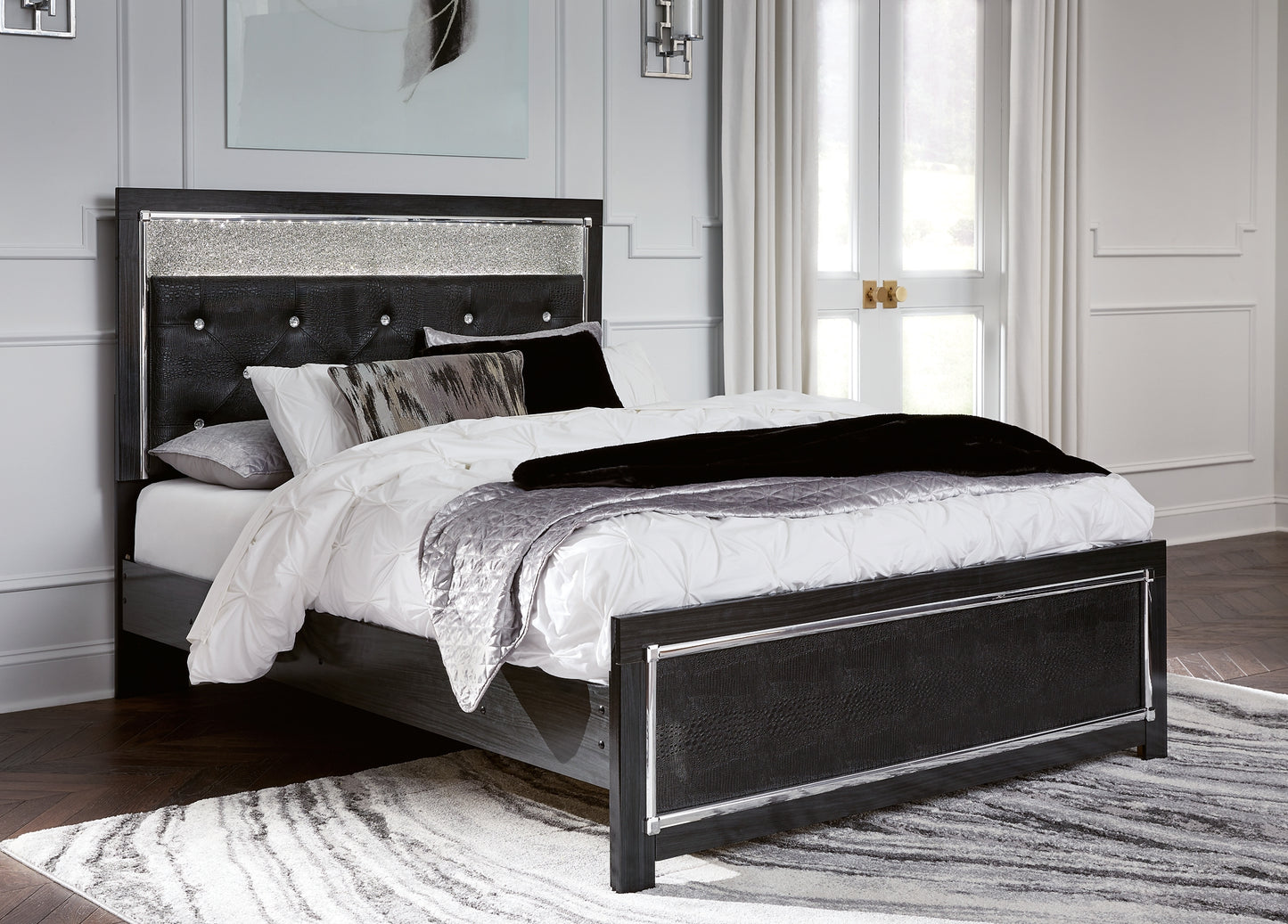 Kaydell Queen Upholstered Panel Bed with Mirrored Dresser