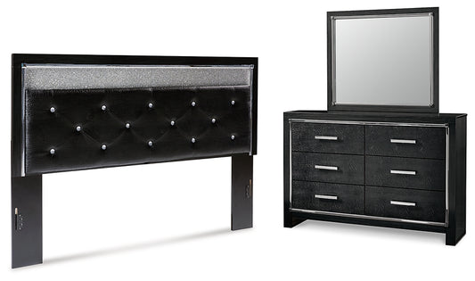 Kaydell King Upholstered Panel Headboard with Mirrored Dresser