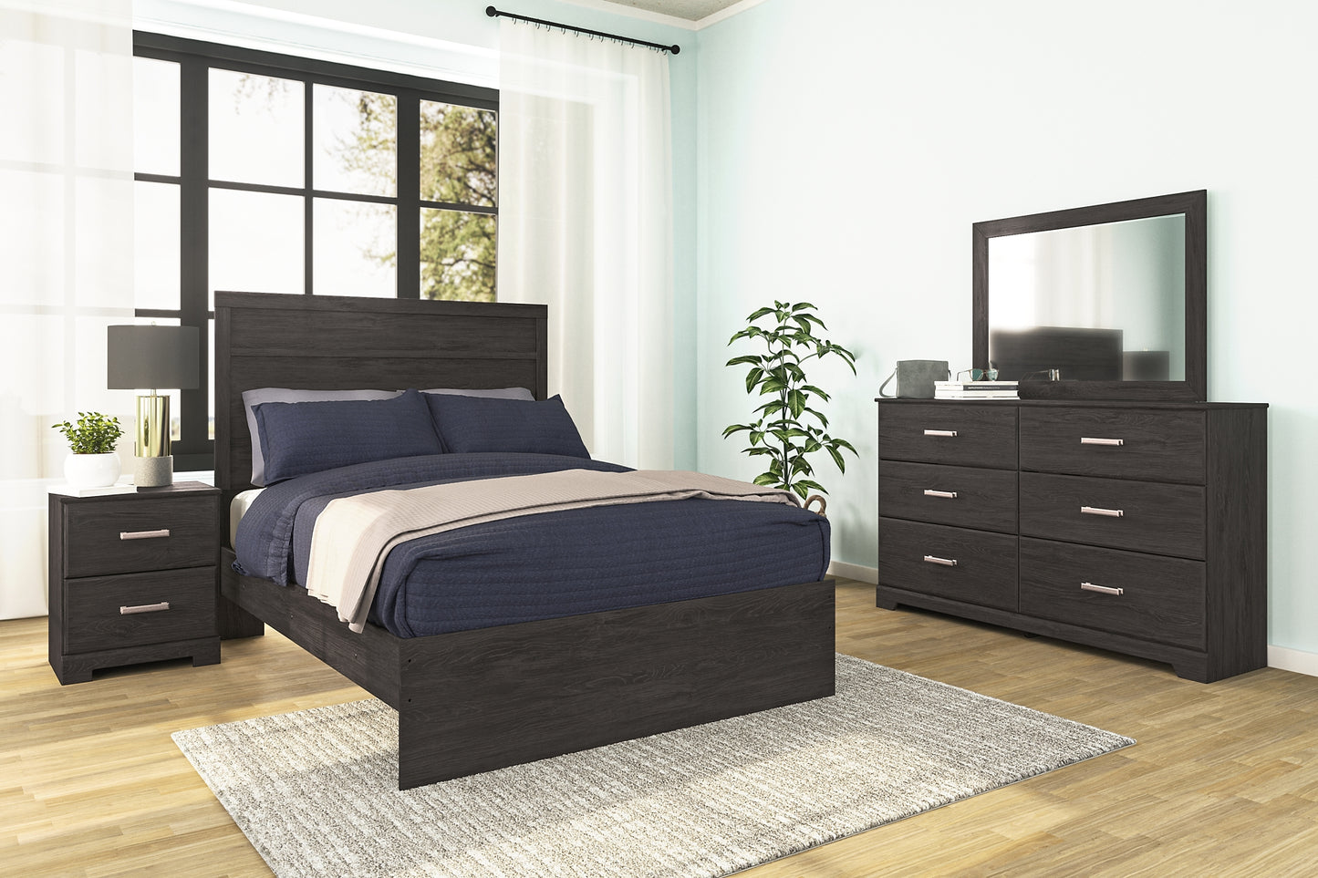 Belachime Full Panel Bed with Mirrored Dresser and Nightstand