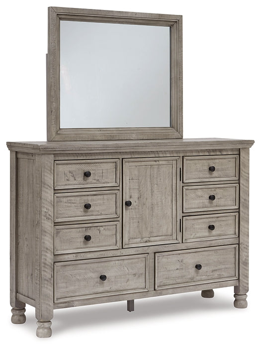 Harrastone California King Panel Bed with Mirrored Dresser and 2 Nightstands