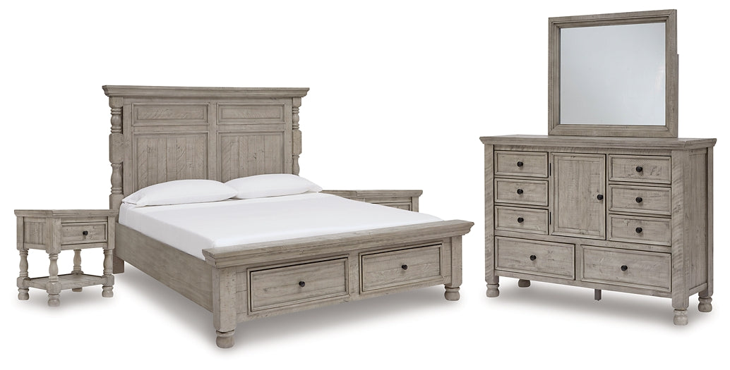 Harrastone California King Panel Bed with Mirrored Dresser and 2 Nightstands