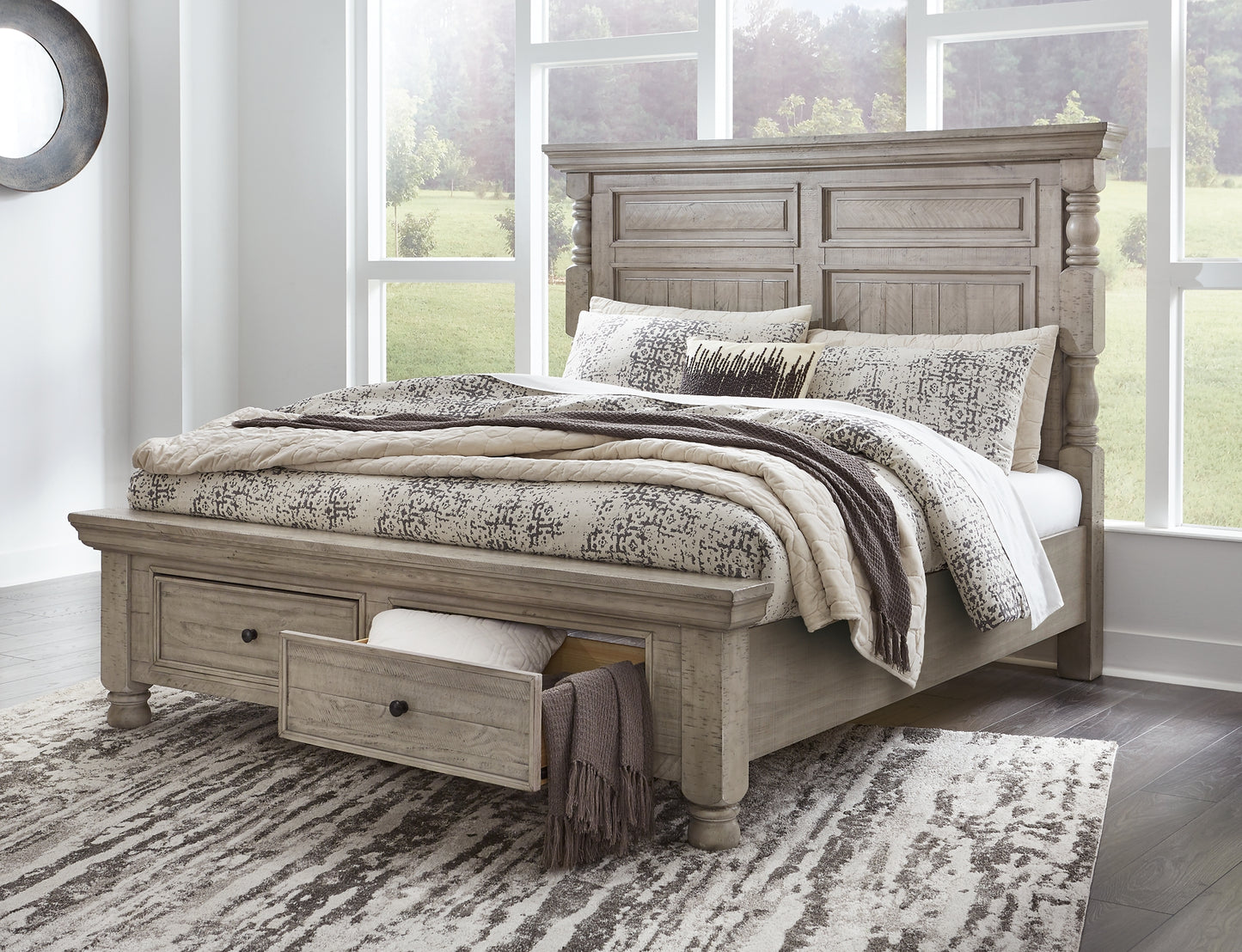 Harrastone Queen Panel Bed with Mirrored Dresser, Chest and Nightstand