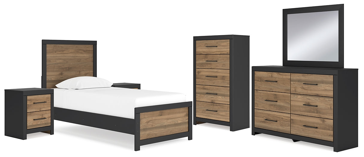 Vertani Twin Panel Bed with Mirrored Dresser, Chest and 2 Nightstands