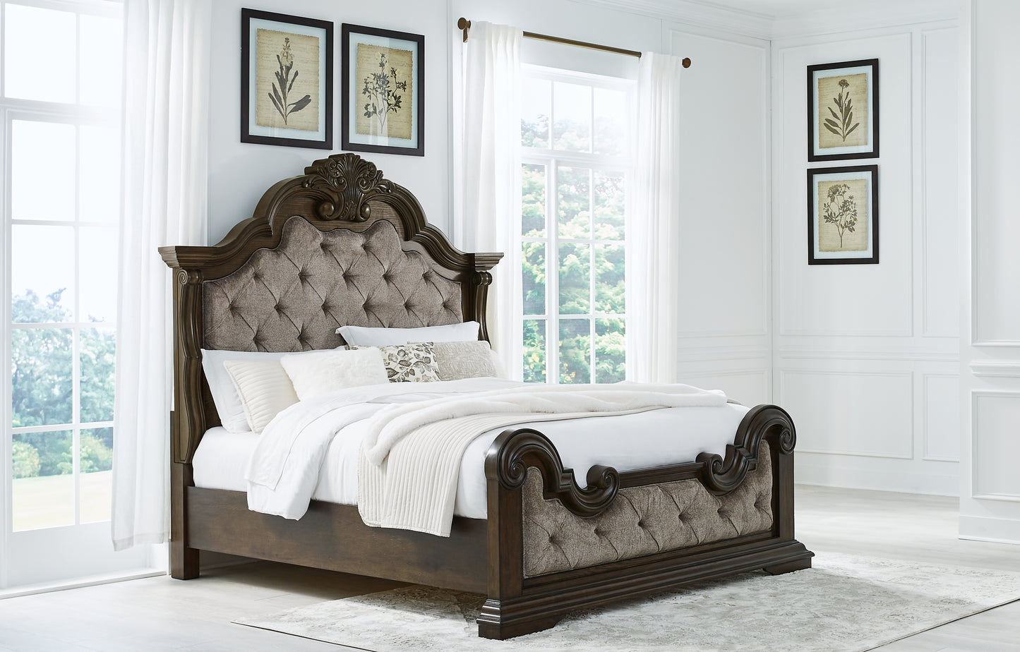 Maylee California King Upholstered Bed with Mirrored Dresser, Chest and 2 Nightstands