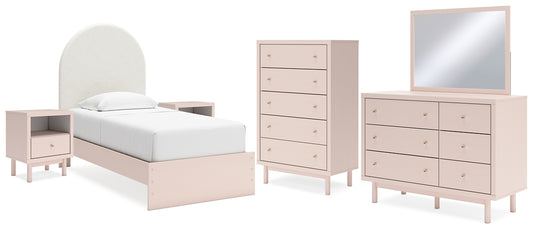 Wistenpine Twin Upholstered Panel Bed with Mirrored Dresser, Chest and 2 Nightstands