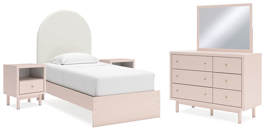 Wistenpine Twin Upholstered Panel Bed with Mirrored Dresser and 2 Nightstands